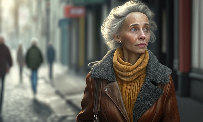 Пожилая женщина бабушка с седыми волосами идёт по улице