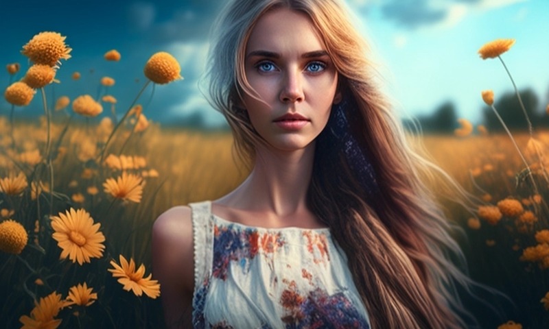Красивая девушка в сарафане в поле цветы