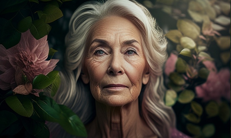 Пожилая женщина в саду, цветы