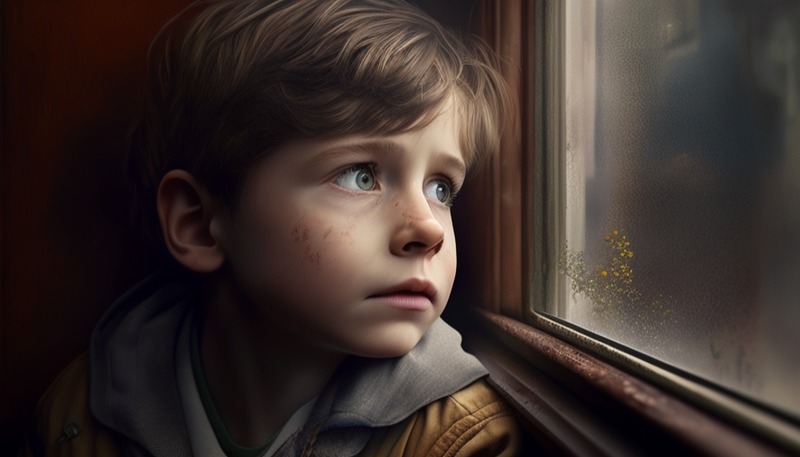 Грустный мальчик смотрит в окно