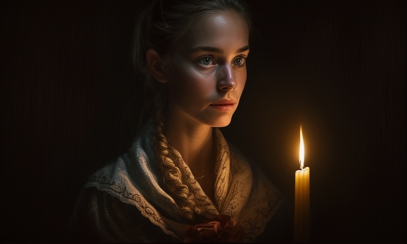 Девушка со свечой в темной комнате