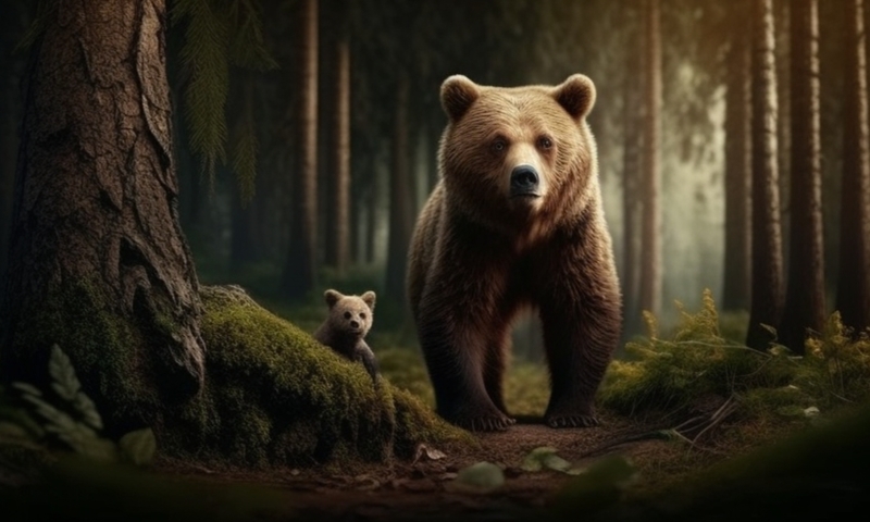 Медведь с медвежонком в лесу