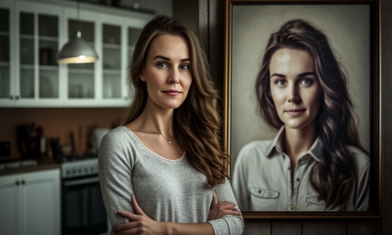 Девушка стоит рядом с портретом