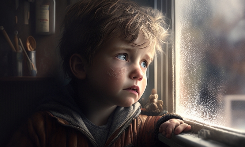 Грустный мальчик смотрит в окно, ждёт маму