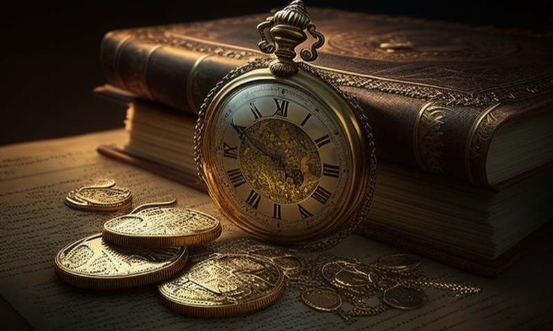 Старинная книга, золотые карманные часы, золотые монеты на столе