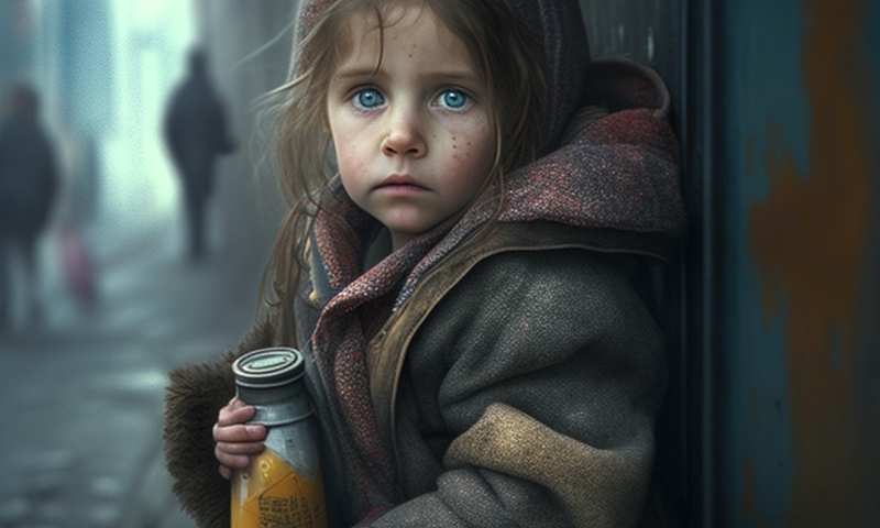 Голодная бедно одетая нищенка маленькая девочка на улице