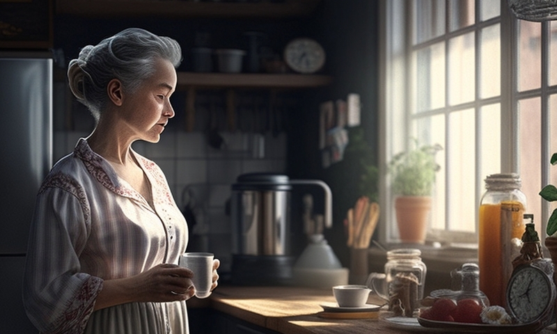 Женщина пьет чай на кухне