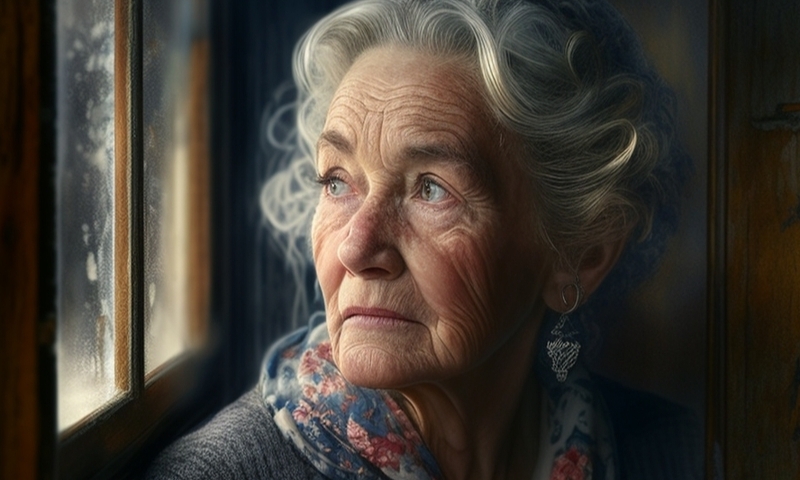 Бабушка сидит у окна и смотрит в окно