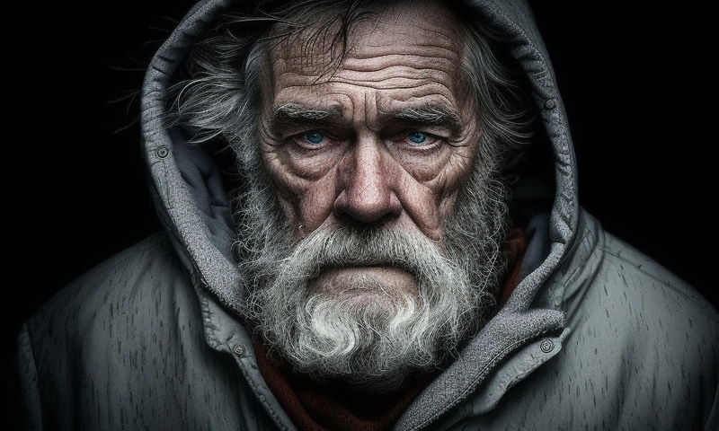 Бездомный пожилой мужчина на улице