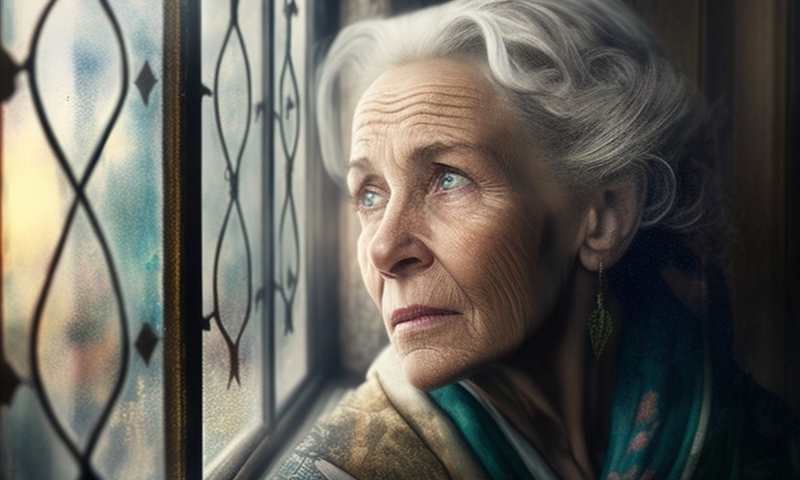 Одинокая стара женщина, бабушка смотрит в окно