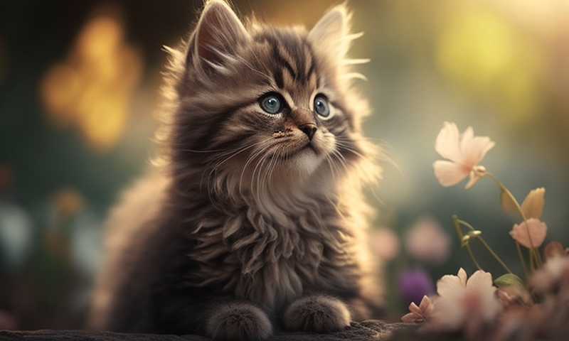 Красивый милый пушистый маленький котёнок в парке