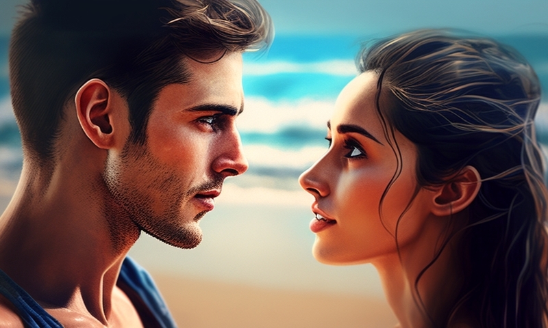 Красивый мужчина и женщина смотрят друг другу в глаза на пляже