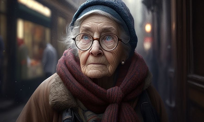 Бабушка бездомная грустная в очках на улице