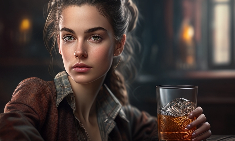 Красивая женщина алкоголичка со стаканом, пьёт виски в баре