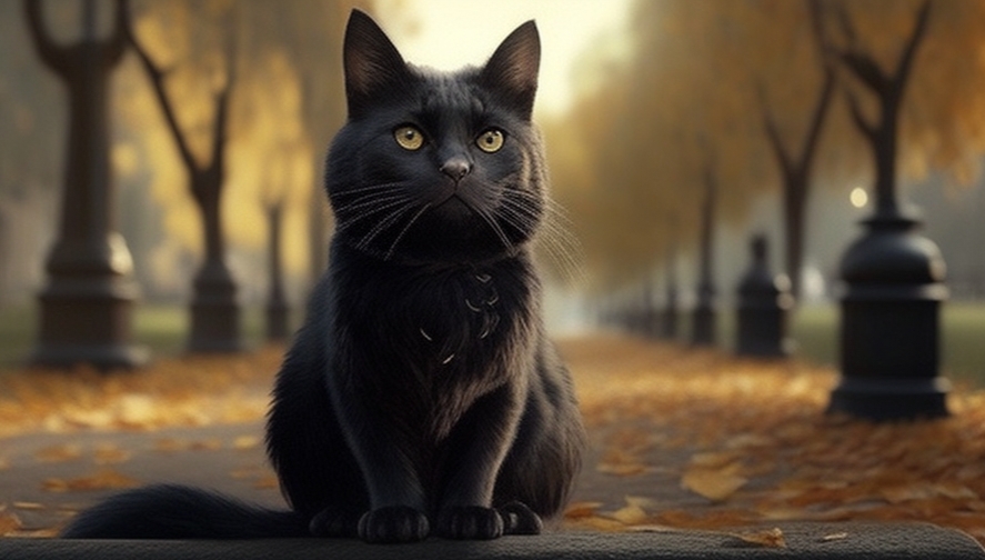 Красивый чёрный кот в парке, чёрная кошка
