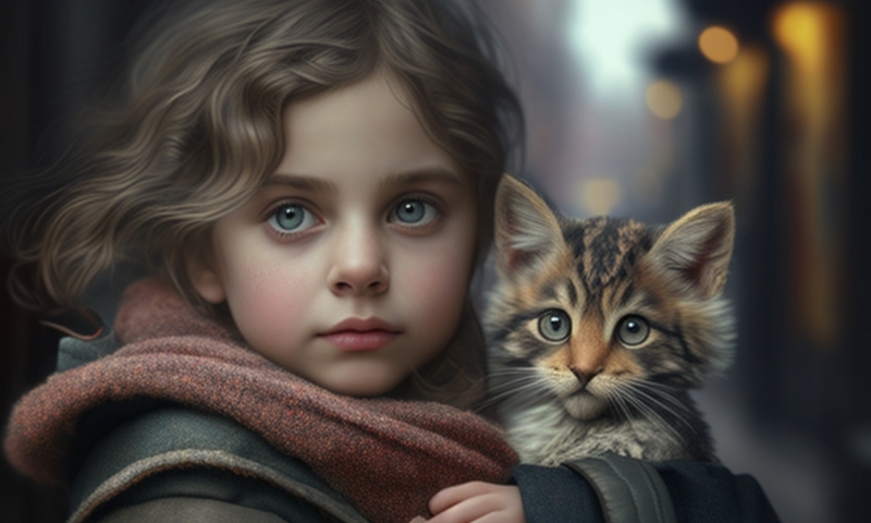 Маленькая девочка с котёнком в руках на улице
