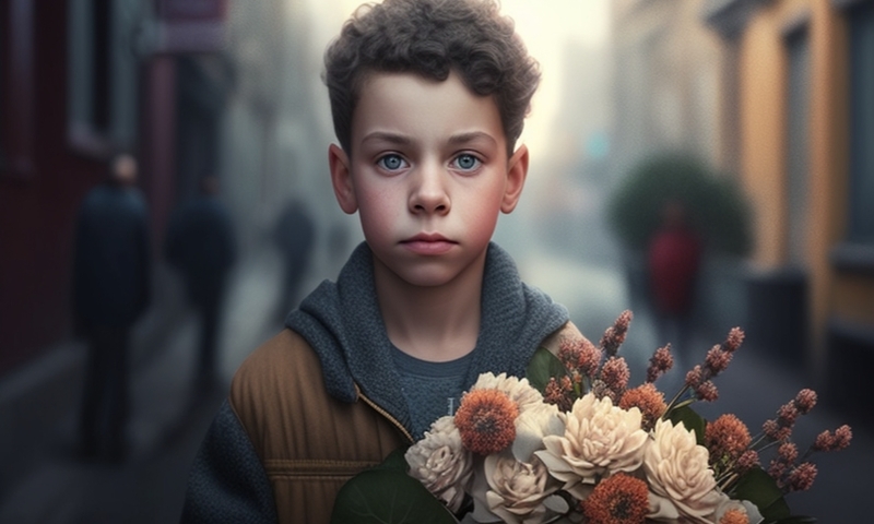 Красивый мальчик с букетом цветов на улице