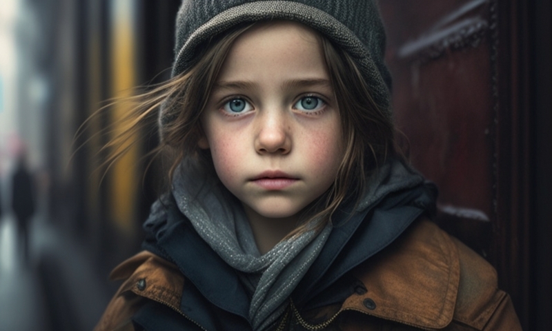 Красивая маленькая голодная девочка одна на улице бездомная детдомовская