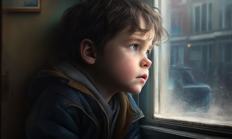 Грустный маленький мальчик у окна