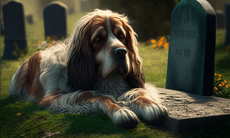 Лохматая собака лежит на могиле хозяина