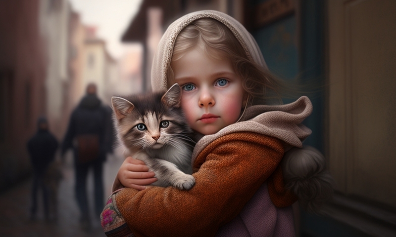 Красивая девочка на улице с котёнком