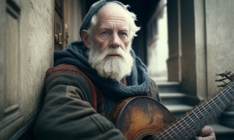 Пожилой мужчина с гитарой на улице