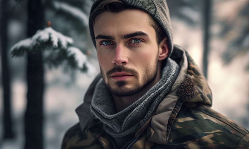 Красивый мужчина в зимнем лесу егерь лесник