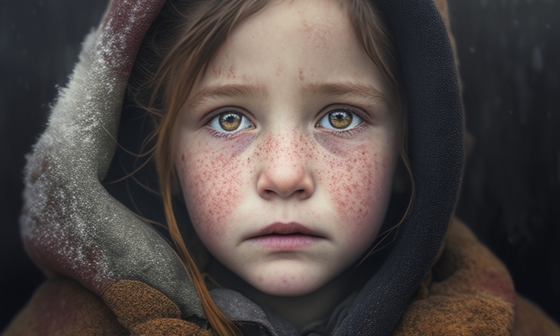 Красивая бездомная маленькая девочка зимой на улице
