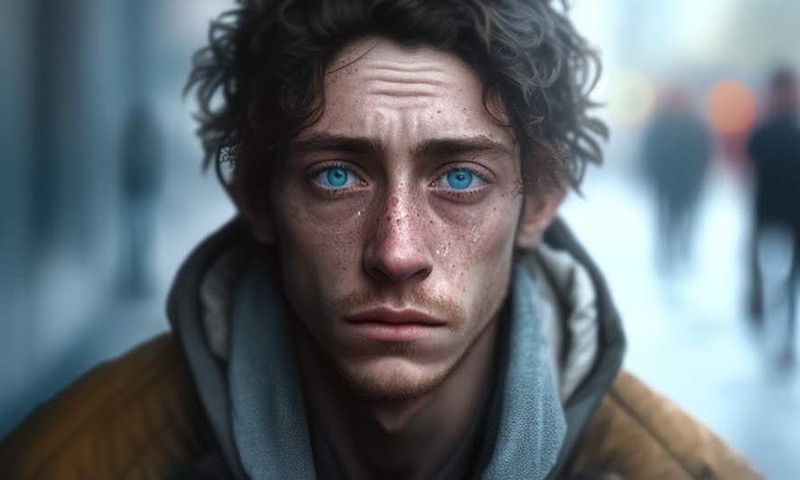 Бездомный одинокий грустный мужчина