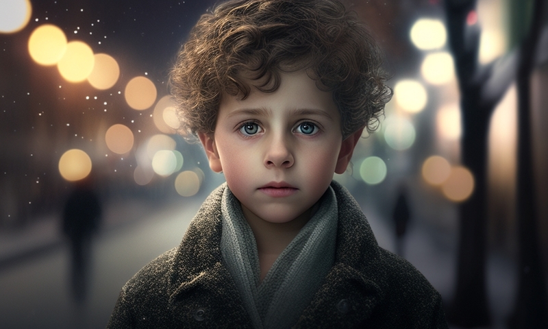 Красивый милый грустный мальчик стоит на улице ночь