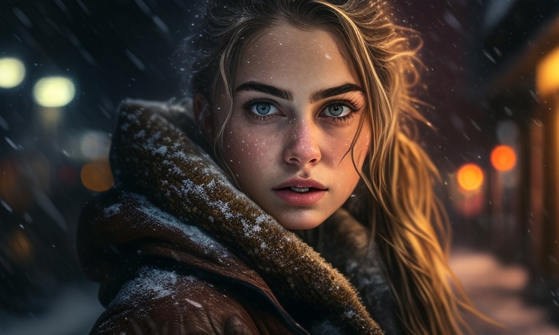 Красивая девушка ночь на улице снег зима