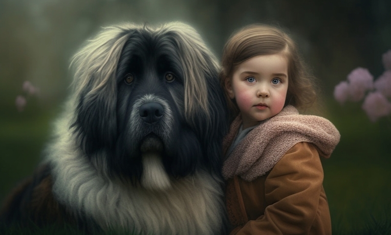 Большая лохматая собака и маленькая девочка в парке Леонбергер Крупная порода собак