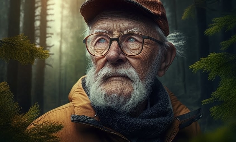 Старый егерь лесник дедушка в лесу