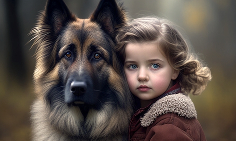 Красивая маленькая девочка и овчарка в парке