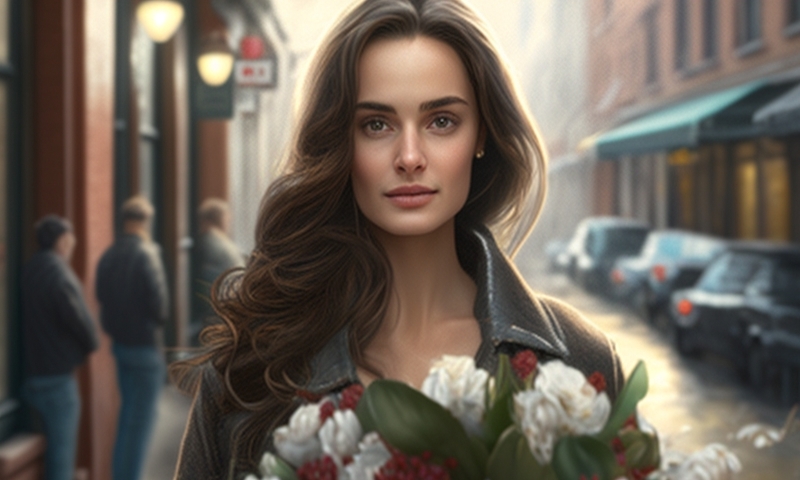 Красивая женщина с букетом цветов на улице