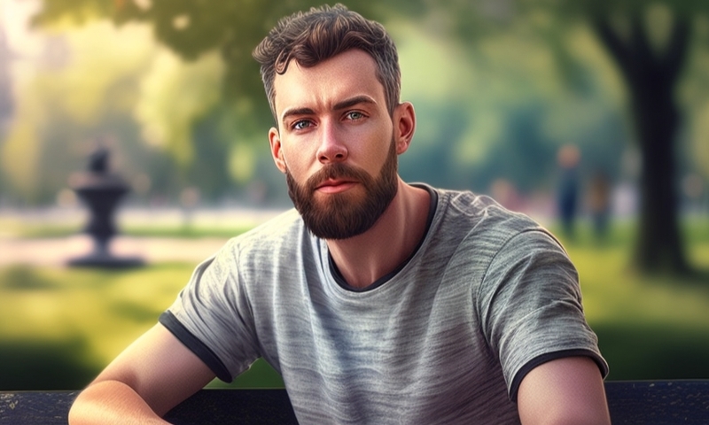 В парке сидит красивый парень с бородой