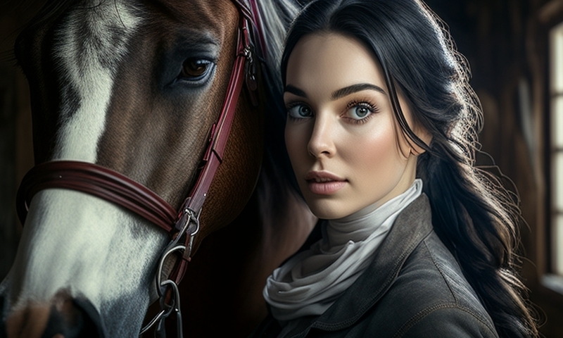 Красивая девушка и лошадь в конюшне