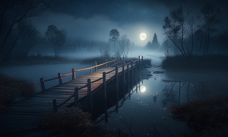 Река ночью деревянный пешеходный мостик при луне туман