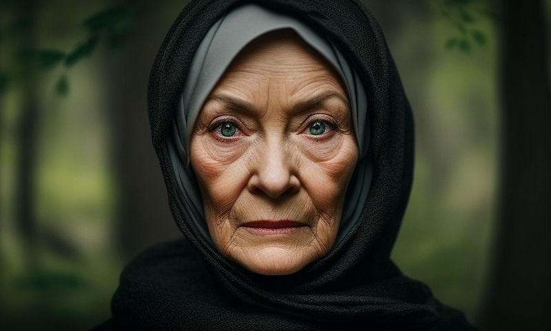 Женщина пожилая в черном платке в лесу монахиня бабушка