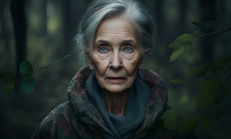 Бабушка в лесу за грибами