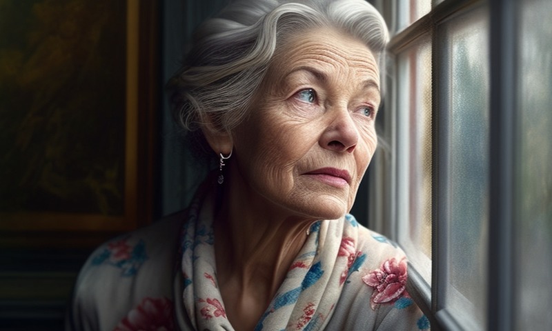 Старая мама, бабушка сидит у окна, ждёт