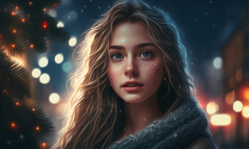 Красивая девушка на улице зимой ночью в новый год