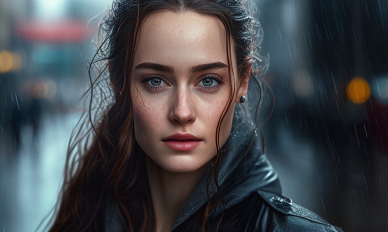 Красивая женщина на улице города под дождем