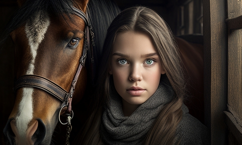 Красивая юная девушка и лошадь в конюшне