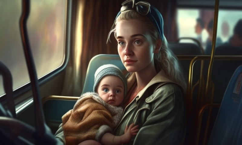 Милая женщина с новорожденным ребенком сидит в автобусе