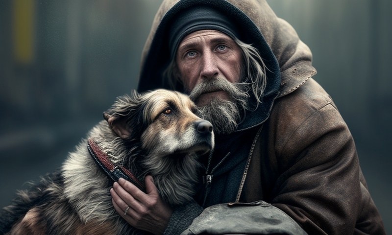 Бездомный мужчина с собакой на улице