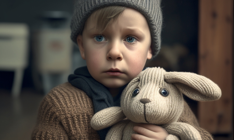 Грустный мальчик с игрушкой-кроликом в руках