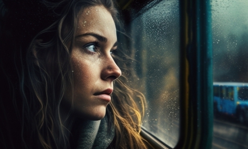 Женщина смотрит из окна автобуса