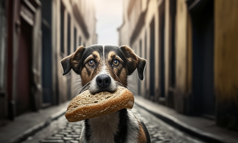 Худая беспородная собака с кусочком хлеба в пасти на улице