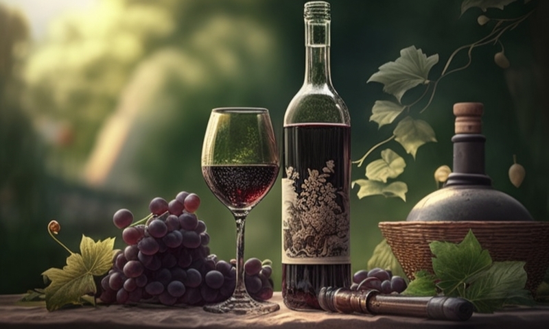 Бутылка вина виноград бокал на столе в саду виноградник